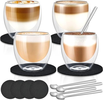 Zestaw szklanek do latte macchiato 250ml x 4szt + podstawki, łyżeczki-Cieex