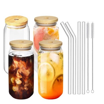 ZESTAW 4SZT SZKLANKI MROŻONEJ KAWY Z POKRYWKĄ I SŁOMKĄ 500ML + 2*SZCZOTKA