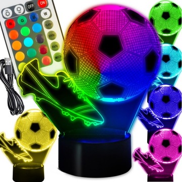 LAMPKA NOCNA PIŁKA NOŻNA KORKI 3D LED DLA DZIECI KOLORY RGB + PILOT