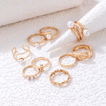 Pierścionek zestaw złote pierścionki perły retro 9 sztuk vintage z perłami