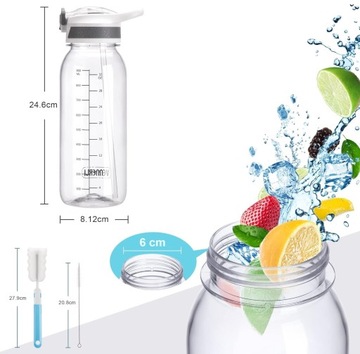 SPORTOWA BUTELKA NA WODĘ ZE SŁOMKĄ BIDON Z MIARKĄ DO PICIA +SZCZOTECZKI 1l