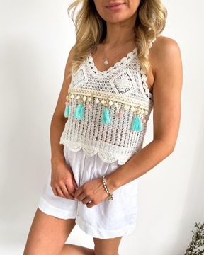 ТОП БЕЛАЯ БЛУЗКА С МАКРАМЕ БОХО ЭКРУ УНИ