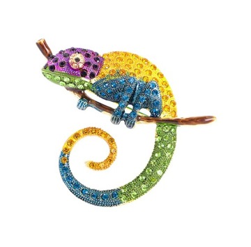 ZŁOTA BROSZKA OZDOBNA BIŻUTERIA SPINKA KOLOROWY DUŻY KAMELEON CYRKONIE 5 cm