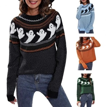 Cartoon Ghost Print Sweater Cozy Halloween Style S