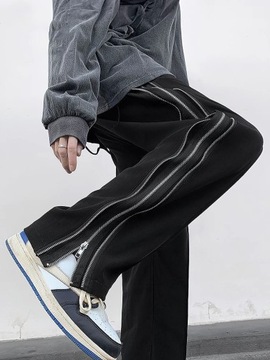 Streetwear boczne rozcięcie na zamek luźne, proste spodnie męskie na