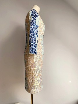 FRENCH CONNECTION sukienka ołówkowa cekinowa niebieska krótka 36 S