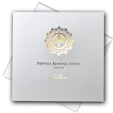 Zaproszenia na Komunię Personalizowane Hostia ZŁOCONE Eleganckie + KOPERTA