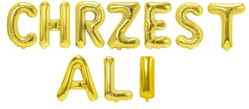 ZŁOTY Napis CHRZEST + IMIĘ DZIECKA 3 litery BALONY