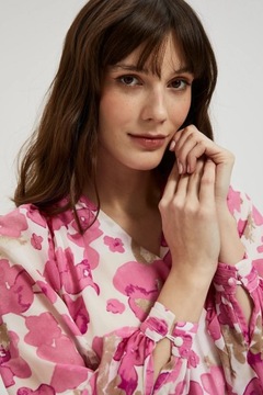 Koszula w kwiaty z bufiastymi rękawami różowa XL od MOODO