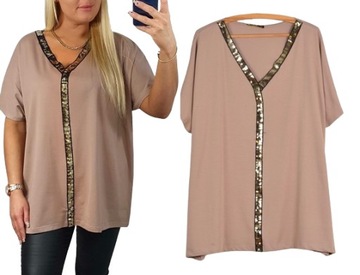 BLUZKA KOSZULKA BAWEŁNA Tunika PLUS SIZE V dekolt cekinki L/XL T24