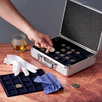 КОЛЛЕКЦИОННАЯ МОНЕТНАЯ КОРОБКА, АЛЮМИНИЕВЫЙ ЧЕМОДАН 33-48 ММ, 6 ЛОТКОВ