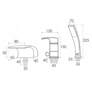Смеситель для ванны на 3 отверстия, хромированный каскад