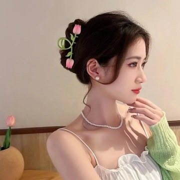 Большие металлические заколки, розовые 3D тюльпаны.
