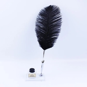 Owl quill dip pen with square pen holder and empty ink bottle