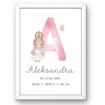 PLAKAT PREZENT PERSONALIZOWANY DLA DZIEWCZYNKI OBRAZEK METRYCZKA + RAMKA A4