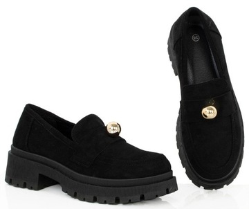 MOKASYNY CZARNE ZAMSZOWE PÓŁBUTY NA PLATFORMIE 40