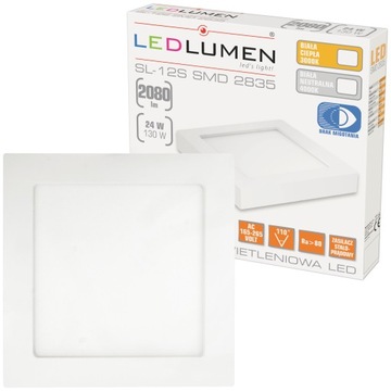 Panel LED Kwadratowy Natynkowy 24W=130W 2080lm Plafon Oprawa Lampa Sufitowa