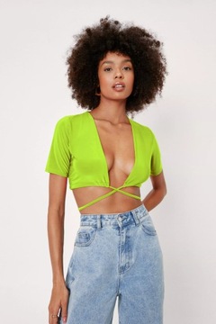 NASTY GAL Q52 LIMONKOWY WIĄZANY CROP TOP R. L