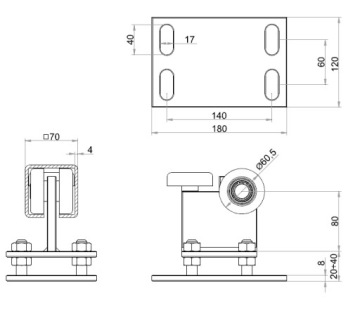 ТЕЛЕЖКА ДЛЯ ВОРОТ, 3 РОЛИКА, РЕЛЬС 70х70