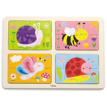 VIGA DREWNIANE PUZZLE OWADY 4W1 UKŁADANKA MONTESSORI