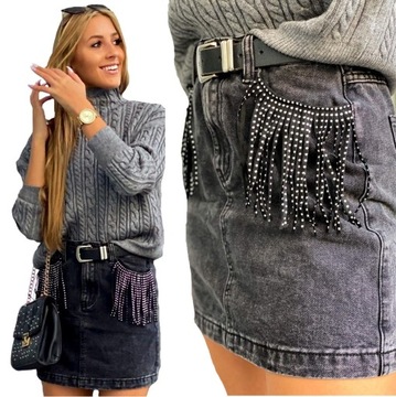 SPÓDNICA JEANS BLACK DENIM PEO FRĘDZLE 38