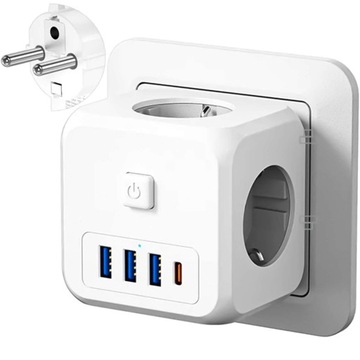 ROZGAŁĘŹNIK SIECIOWY 3 GNIAZDKA GNIAZDA ROZDZIELACZ PORTÓW USB USB C KOSTKA