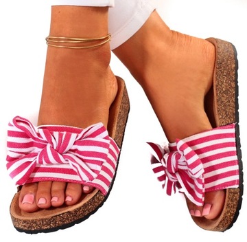 KLAPKI DAMSKIE Z KOKARDĄ NA KORKU STYLOWE