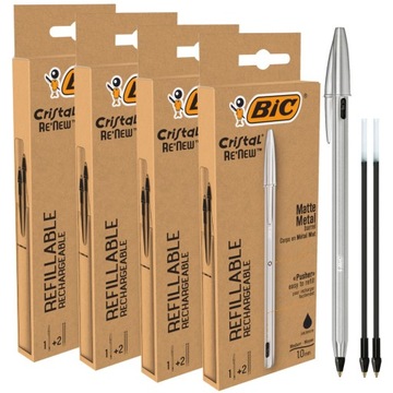 BIC CRISTAL ZESTAW 4SZT DŁUGOPIS METALOWY CZARNY + 8 WKŁADÓW WYTRZYMAŁY