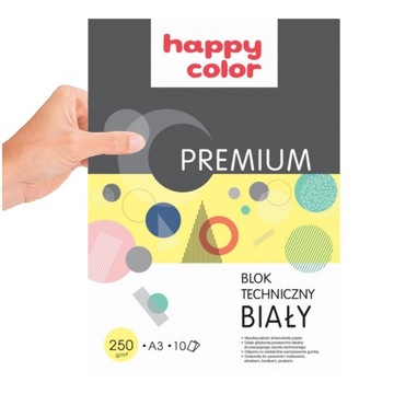 BLOK TECHNICZNY BIAŁY DUŻY FORMAT A3 10 ARKUSZY 250g/m2 PREMIUM HAPPY COLOR
