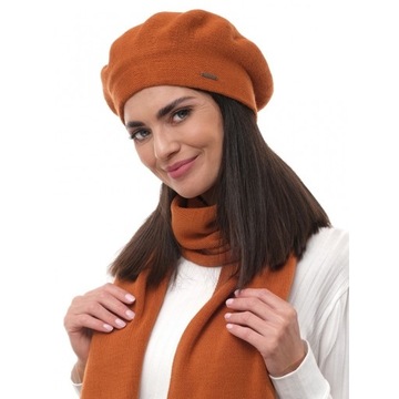 Rudy j brąz pomarańcz wełniany gładki beret na stójce zimowa czapka damska