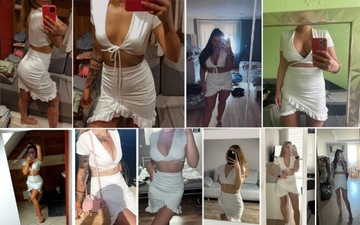 SEXY KOMPLET DAMSKI BIAŁY DWUCZĘŚCIOWY SPÓDNICZKA i BLUZKA TOP WIĄZANY L