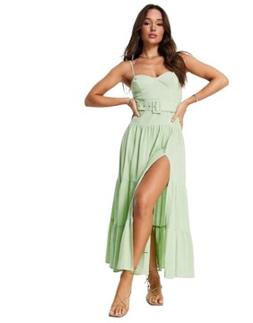 Marszczona sukienka maxi z paskiem zielona 38