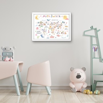PLAKAT MAPA ŚWIATA ZWIERZĘTA DLA DZIECI + RAMKA A3