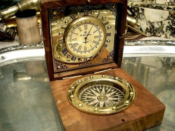 Mosiężny kompas i zegar w pudełku drewnianym - CL023C
