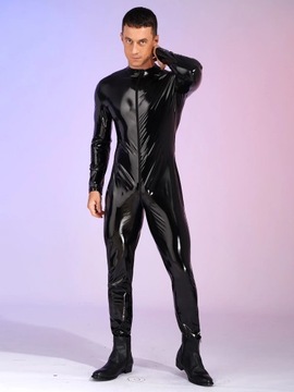 Men Zipper Crotch Full Body Suit Wetlook Patent Le