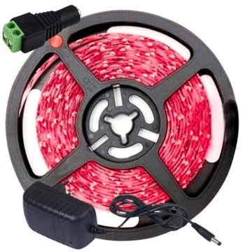 TAŚMA LED CZERWONA 5M 12V ZESTAW + ZASILACZ + ZŁĄCZE DC