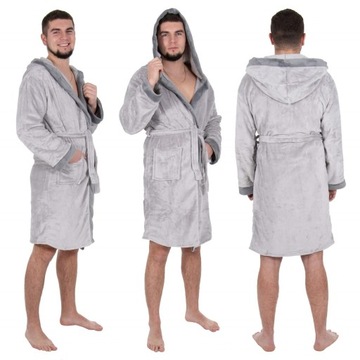 SZLAFROK MĘSKI SZARY CIEPŁY DŁUGI JAKOŚĆ ELEGANCKI Z KAPTUREM R.M/L