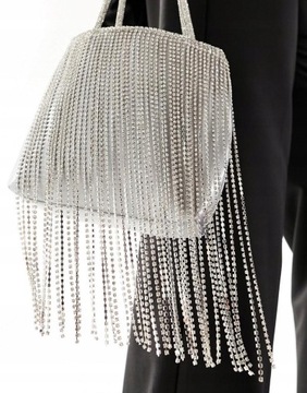 Asos Design SREBRNA TOREBKA satyna ZDOBIENIE FRĘDZLE NG7 ekr 15X15