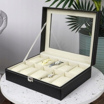 Skórzane Pudełko etui pojemnik na zegarki czarne przechowywania zegarków
