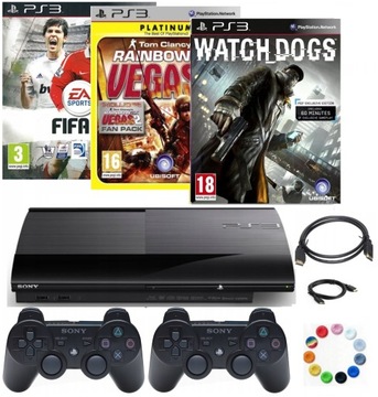 КОМПЛЕКТ СУПЕРТОНКОЙ КОНСОЛИ PS3 500 ГБ | 2 НОВЫЕ ПОДУШКИ | 3 ИГРЫ | АКСЕССУАРЫ