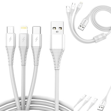 KABEL USB 3w1 LIGHTNING USB C TYP C MICRO USB DO TELEFONU SZYBKIE ŁADOWANIE