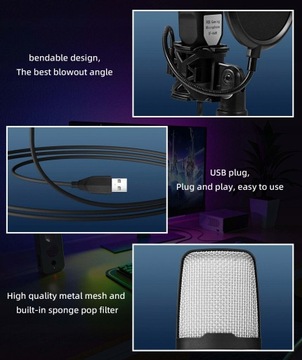 Микрофон для ПК, ЕМКОСТНЫЙ USB LED RGB