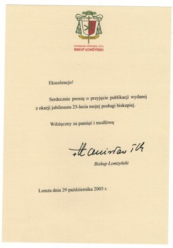 List Autograf 2005 Biskup Stanisław Stefanek Łomża