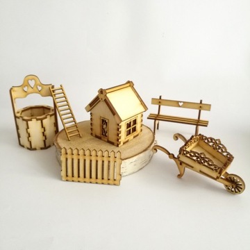 Domek ławka płotek dekoracje las w słoiku sklejki