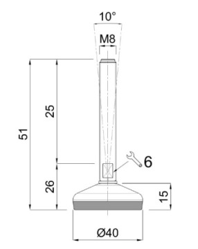 МИНИ-КАЧЕСТВЕННАЯ НОЖКА ДЛЯ СТАНКОВ РЕГУЛИРУЕМАЯ НОЖКА INOX FI 40 M8x25 ЧЕРНАЯ