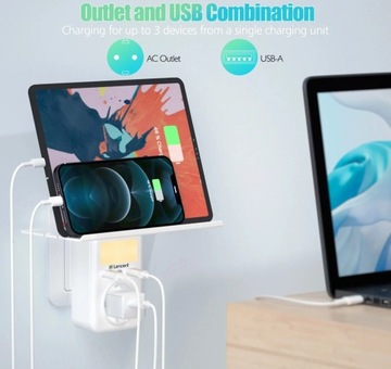 ЛЕНЦЕНТ Зарядное устройство 2x USB A, розетка 4 кВт, с полкой/книжным шкафом, ночное освещение