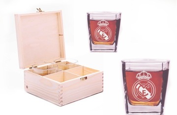 4 Szklanki Real Madrid do whisky w drewnianym pudełku + Grawer REAL MADRYT