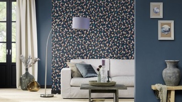 ТЕМНО-СИНИЕ МОЮЩИЕСЯ ВИНИЛОВЫЕ ОБОИ С ПЕРЕНОСОМ ЛИСТЬЕВ RASCH 463088