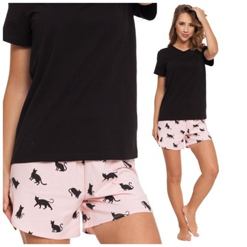 PIŻAMA DAMSKA DWUCZĘŚCIOWA BAWEŁNIANA W KOTKI SPODENKI KRÓTKI RĘKAW MORAJ M