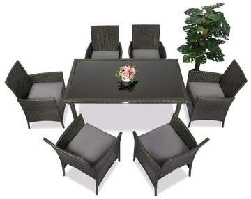 Садовая мебель из ротанга КРЕСЛО x6 + СТОЛ 140 ТЕМНЫЙ на 6 человек СТЕКЛЯННАЯ ПОВЕРХНОСТЬ